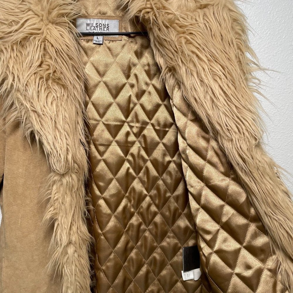 Vintage Wilson's Suede Leather Tan Faux Fur Trim Boho Y2K Coat Jacket Large JLO - Picture 4 of 12
